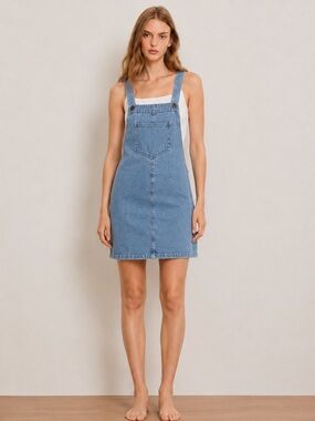 Light Blue Denim Overall Dress with Front Bib Pocket